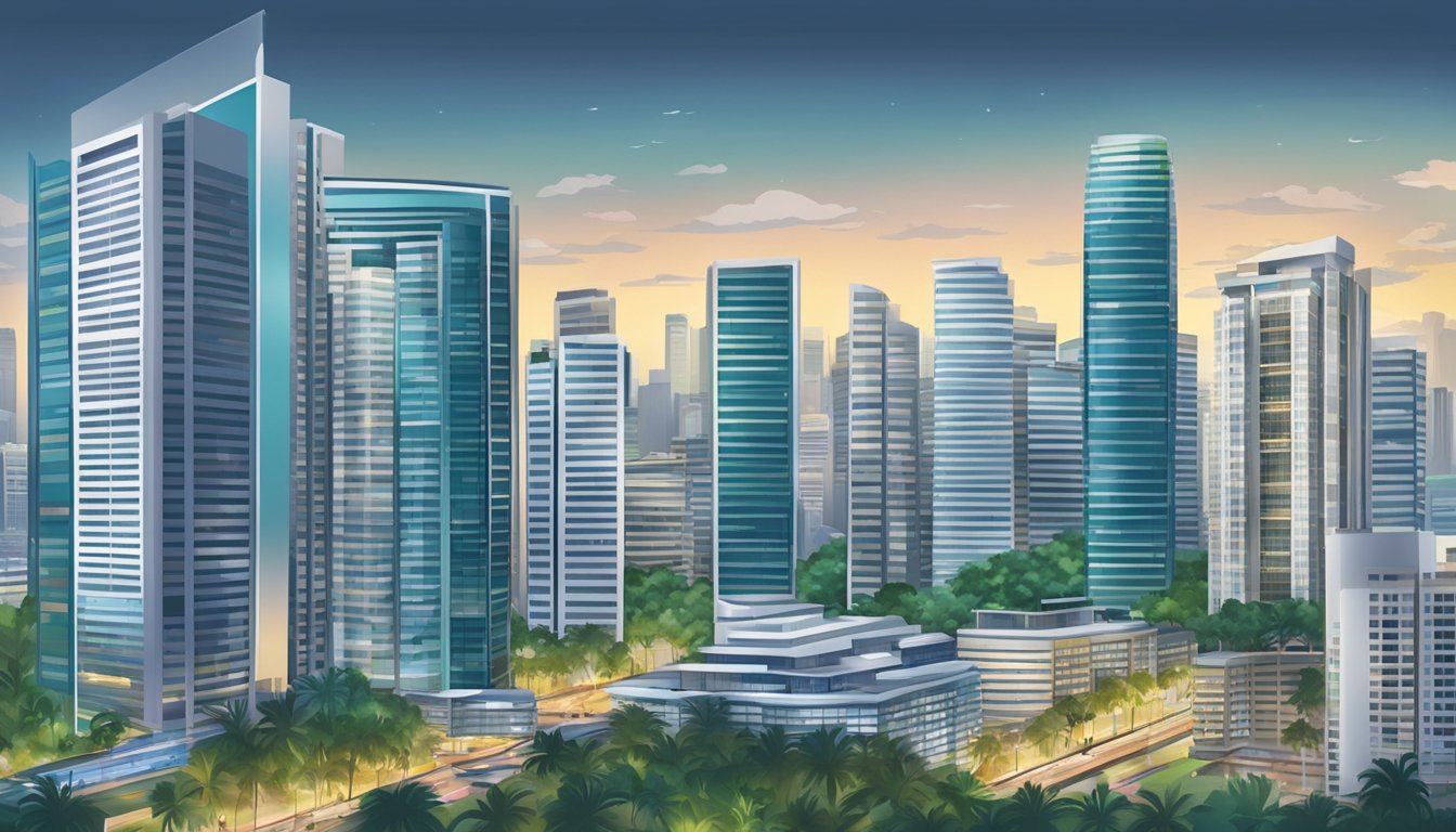 A modern cityscape with skyscrapers and residential buildings, showcasing the bustling real estate market in Singapore