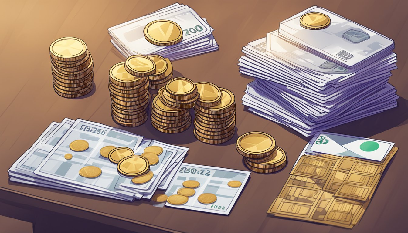 A stack of coins and a pile of reward cards sit on a table, while a graph showing increasing income hovers in the background