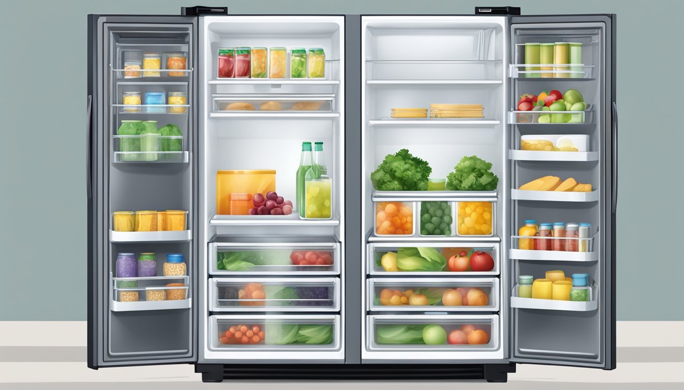 The refrigerator door swings open, revealing the spacious interior with adjustable shelves and multiple compartments for organizing food and beverages