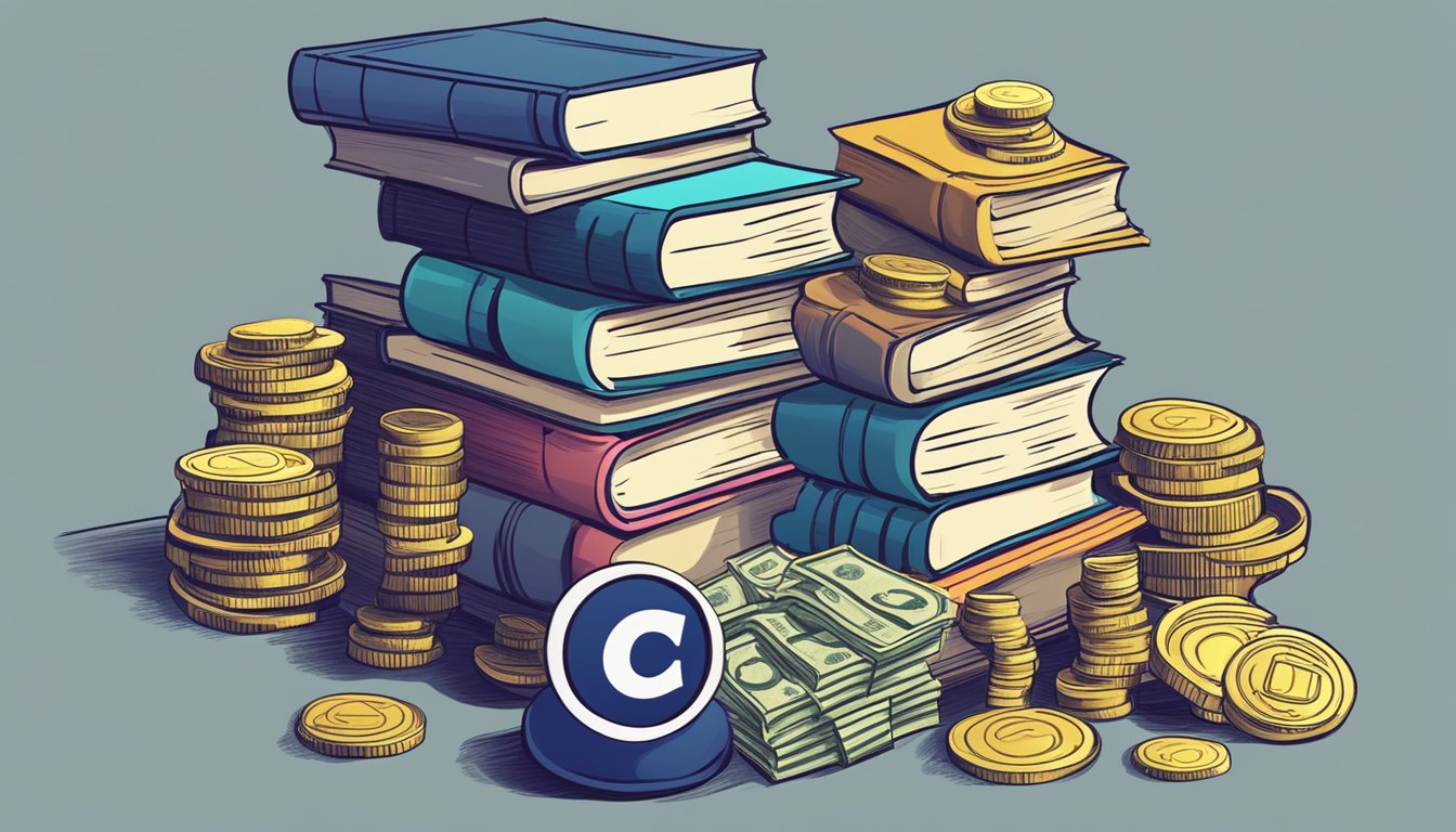 A stack of books with a copyright symbol on the cover, surrounded by a pile of money and a scale representing royalties in Singapore