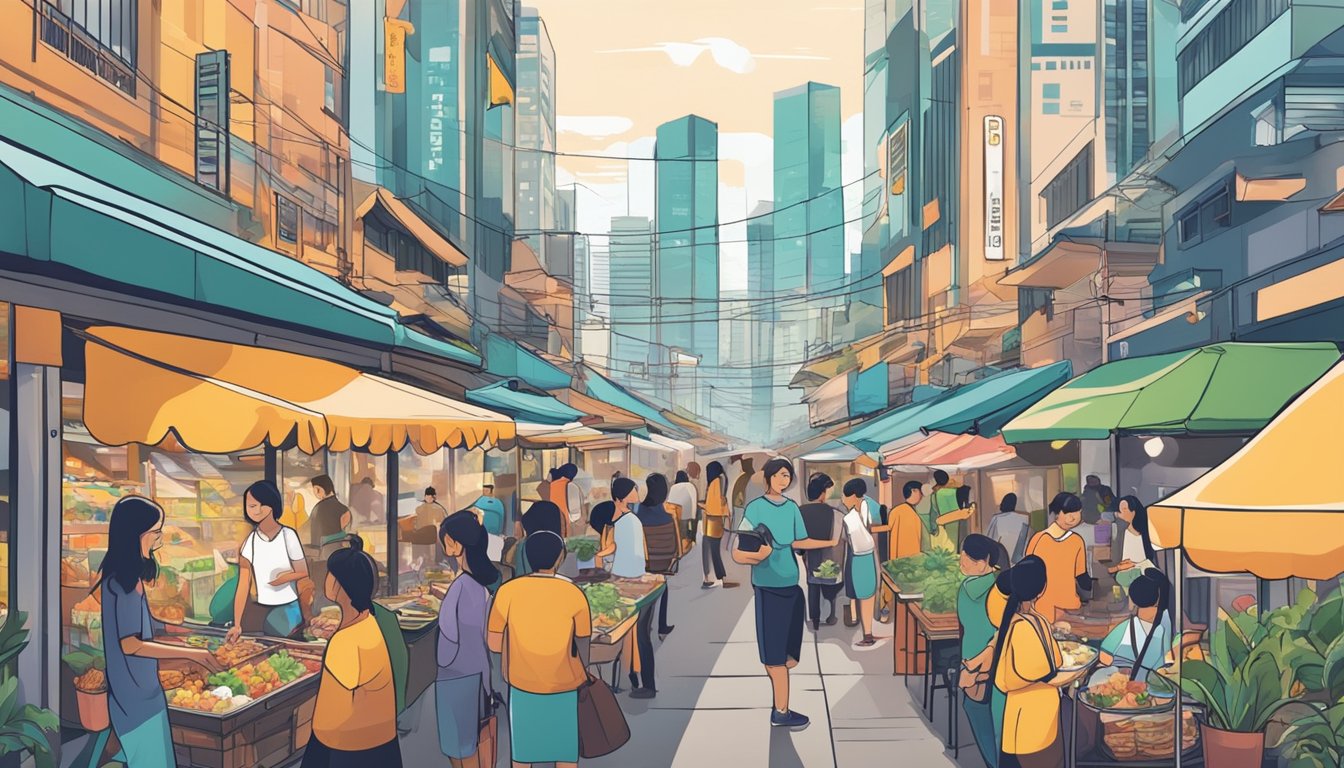 A bustling cityscape with people engaged in various side hustles, from street food vendors to artists selling their work. Crowdfunding posters and online platforms are visible, highlighting the diverse ways to earn passive income in Singapore