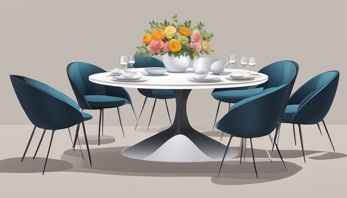 A modern round dining table for 8, surrounded by sleek chairs, set with minimalist dinnerware and a centerpiece of fresh flowers