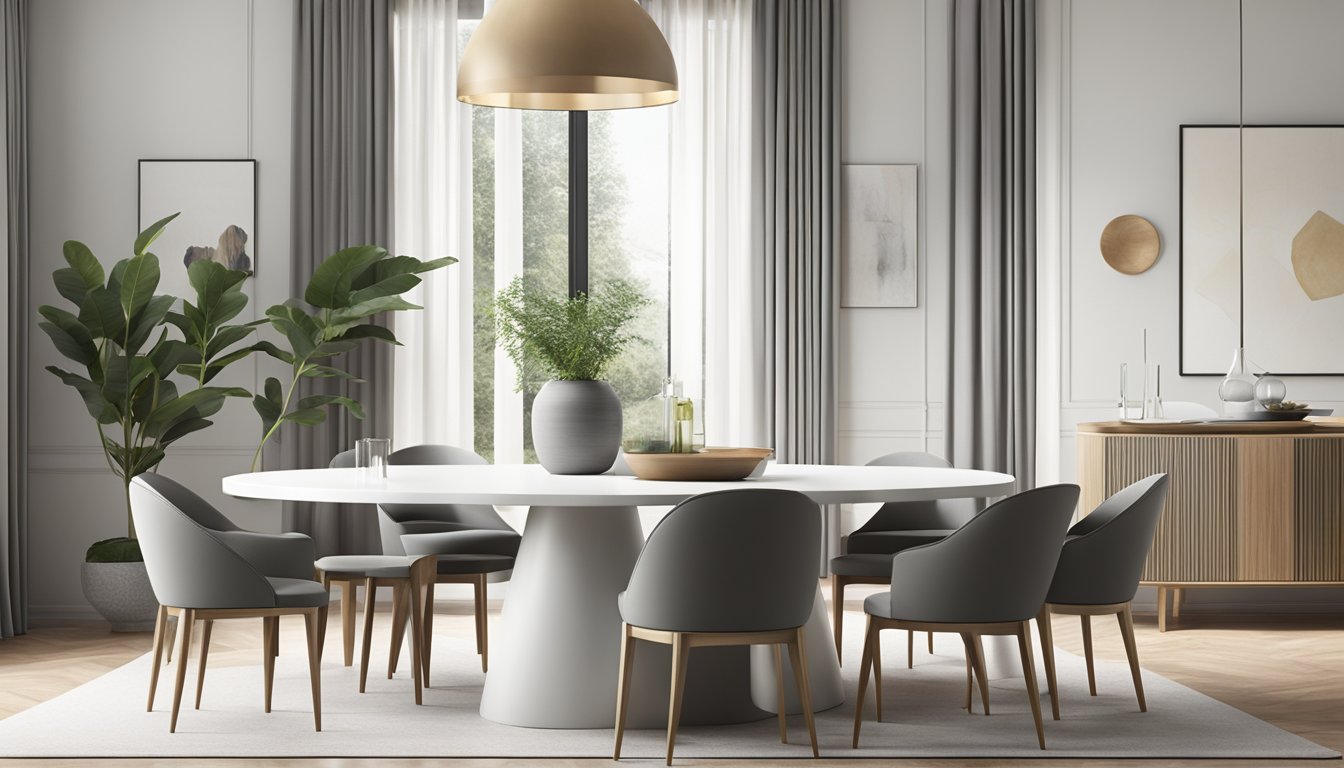 A sleek, minimalist round dining table with seating for 8, featuring clean lines and a contemporary design aesthetic