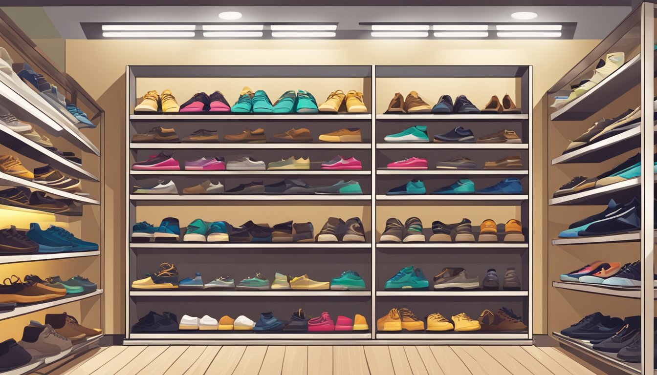 Various shoe racks displayed in a store, with different styles and sizes. Bright lighting highlights the variety of footwear options