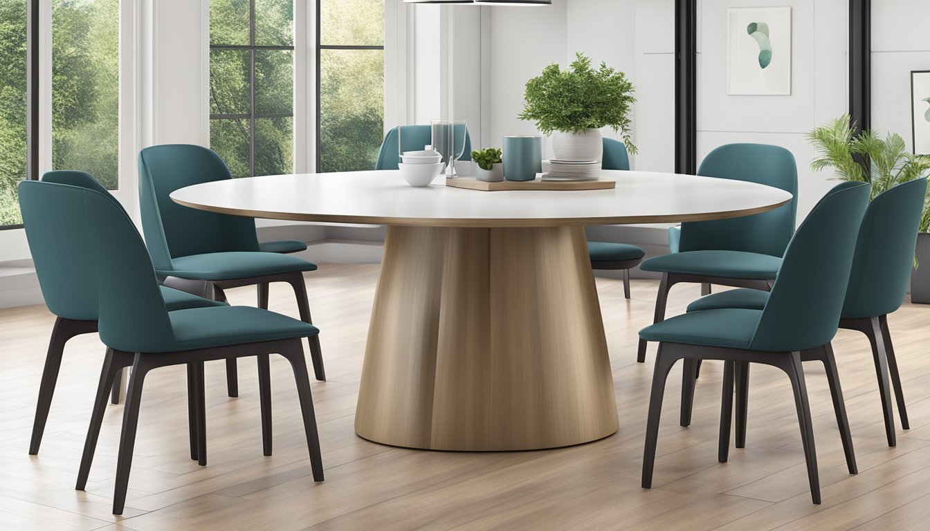 A sleek, minimalist round dining table with seating for 8, featuring clean lines and a durable, practical design