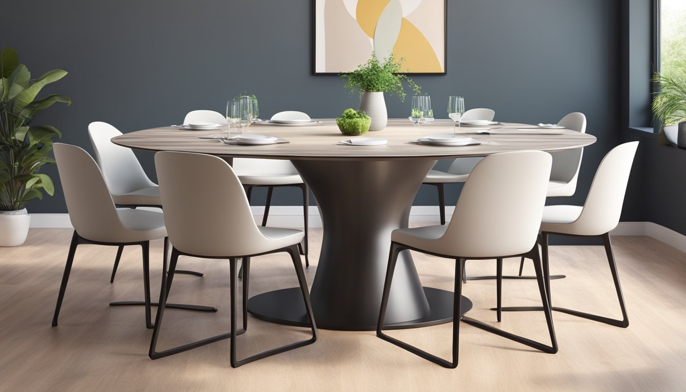 A modern round dining table with 8 chairs, clean lines, and sleek design, set in a spacious, well-lit dining room