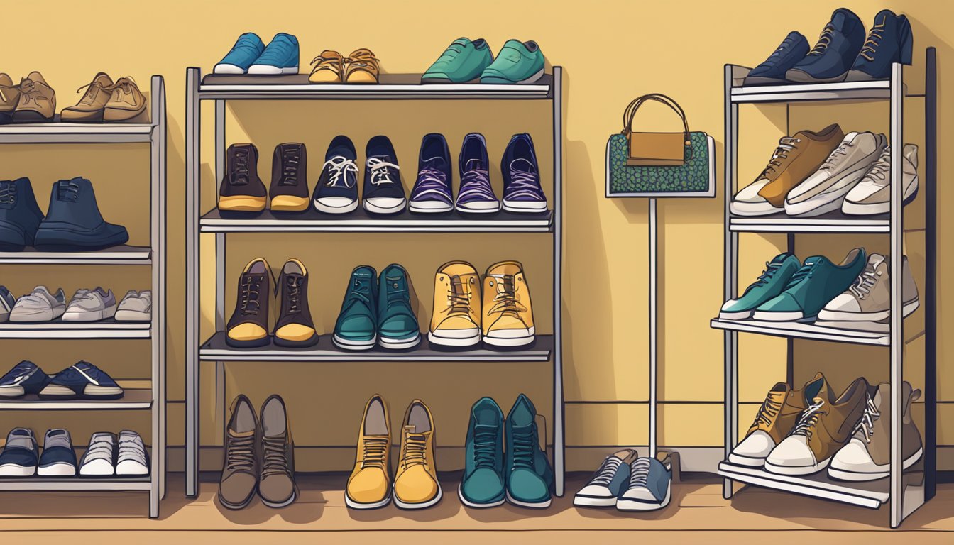 A shoe rack surrounded by various styles of shoes with a sign reading "Frequently Asked Questions" above it