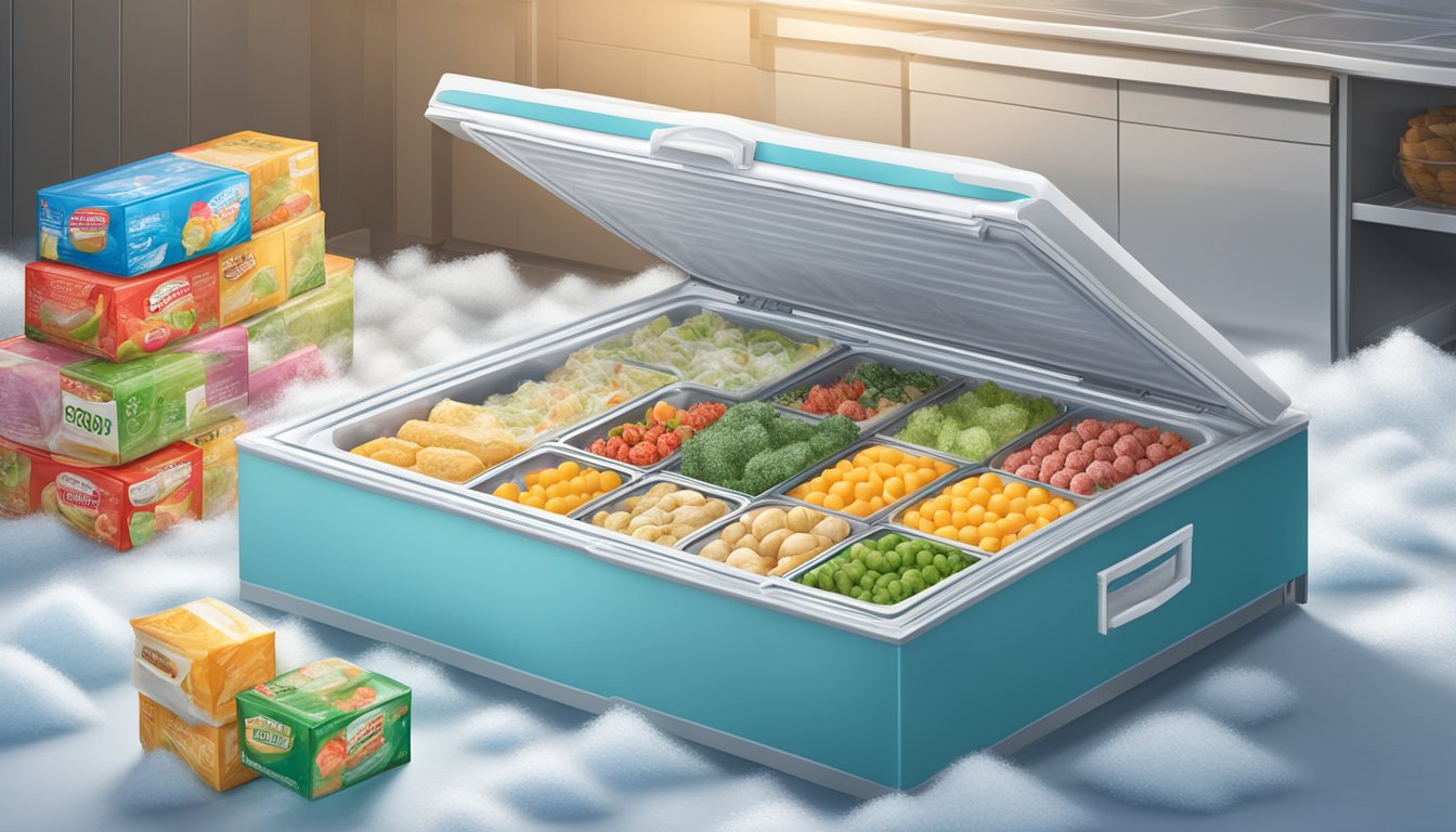 A deep freeze chest freezer, closed with frost on the edges, surrounded by stacked frozen food packages