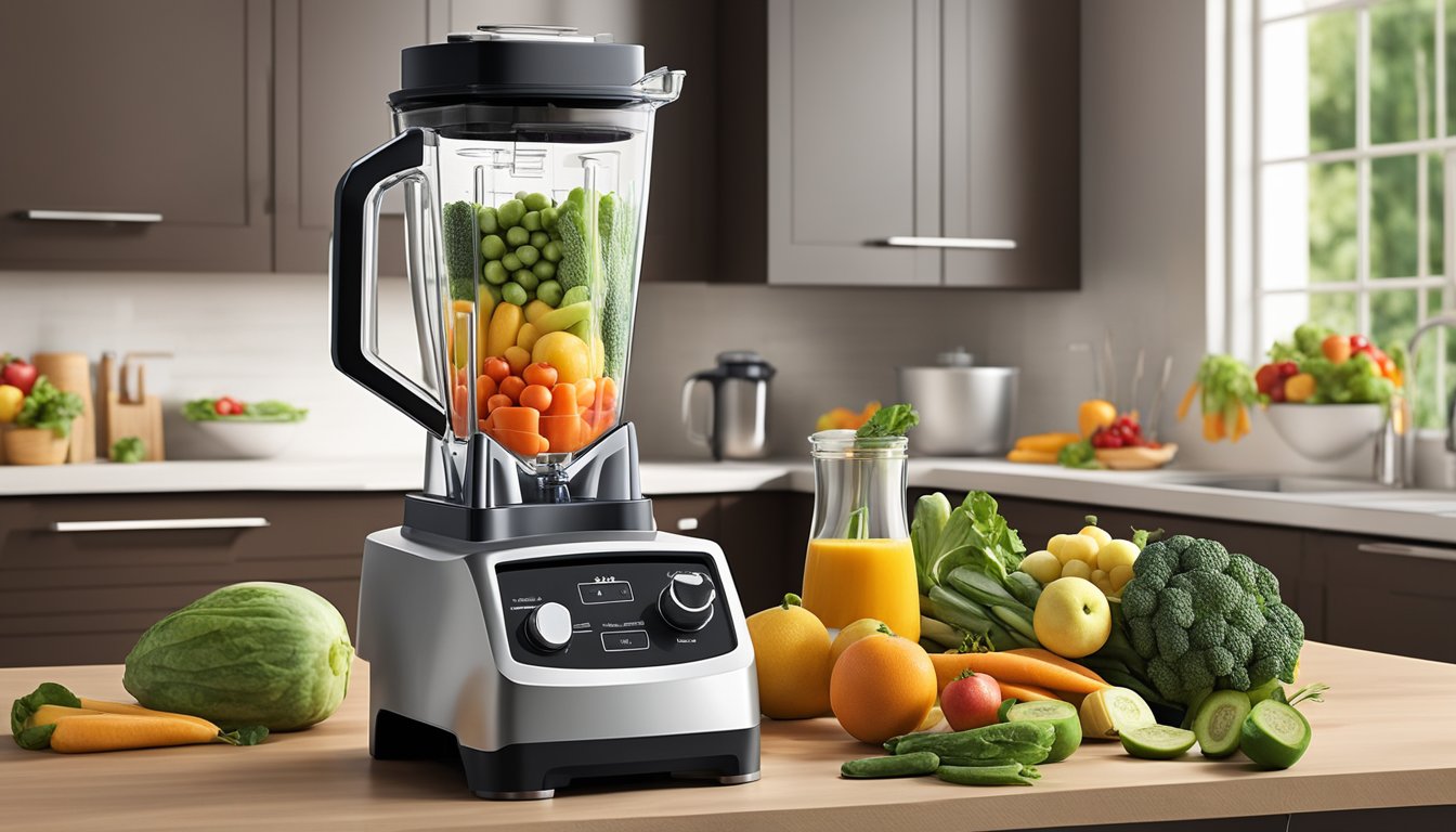 A variety of fresh fruits and vegetables are being blended together in a high-powered blender, with the lid securely in place. The blender is set on a sleek kitchen countertop, surrounded by other cooking utensils and ingredients