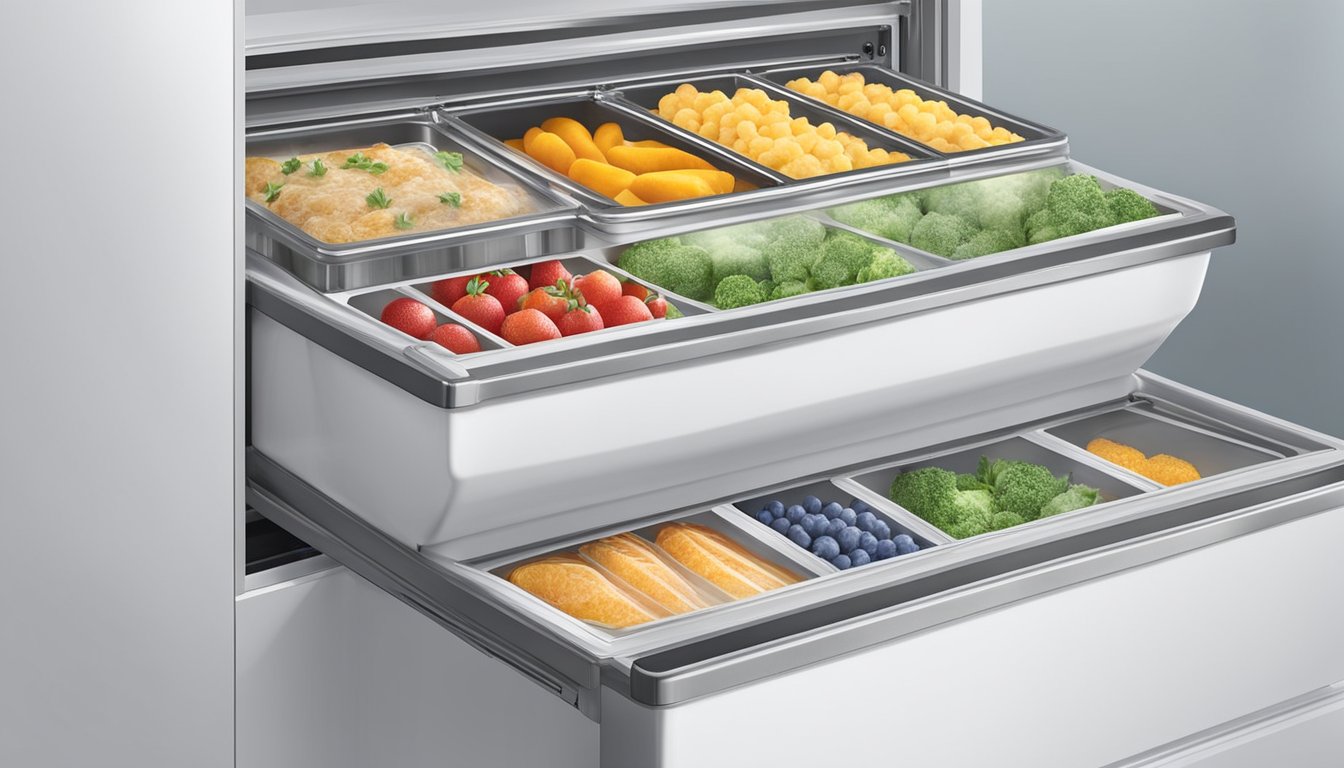 A deep freeze chest freezer with a sturdy, hinged lid, thick insulation, and a temperature control panel. Inside, organized shelves and baskets hold frozen foods