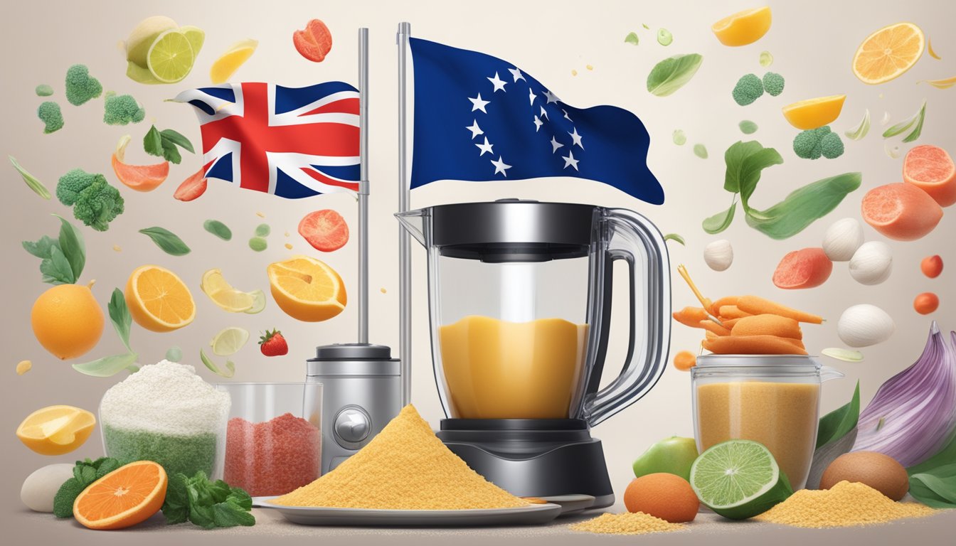 A blender whirling with ingredients, a Singaporean flag in the background