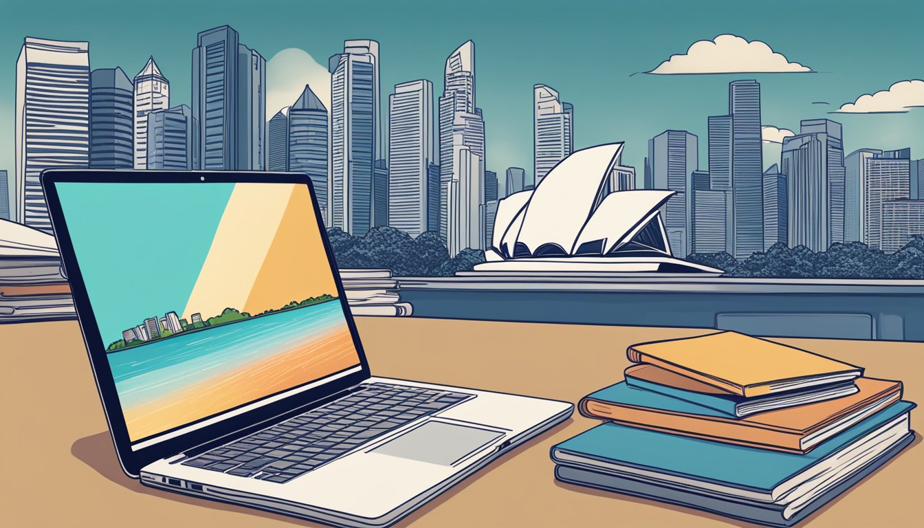 A laptop and a stack of books on a desk, with a Singapore skyline in the background, symbolizing creating passive income with no money