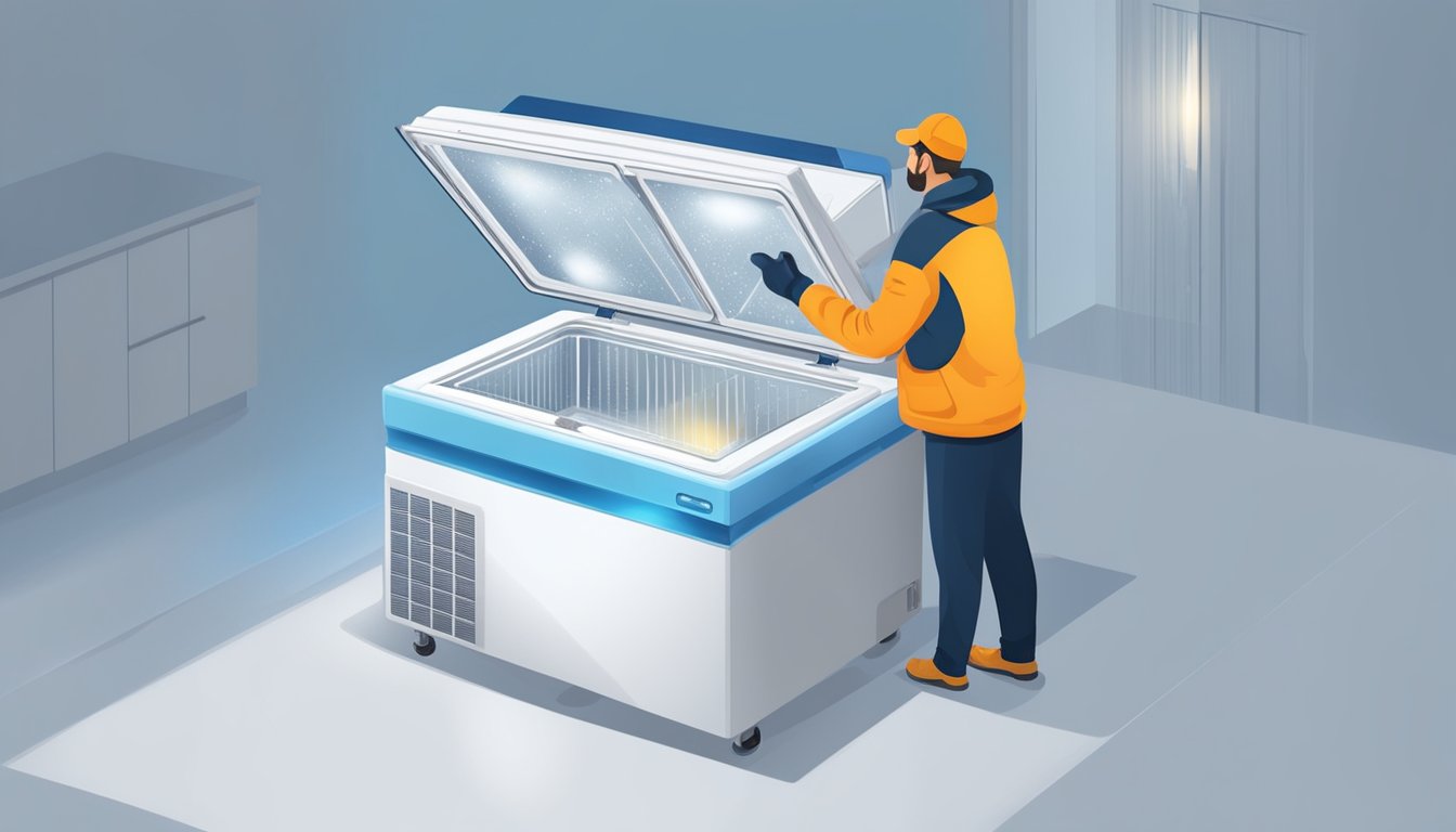 A person opens the lid of a deep freeze chest freezer, examining the interior with a flashlight