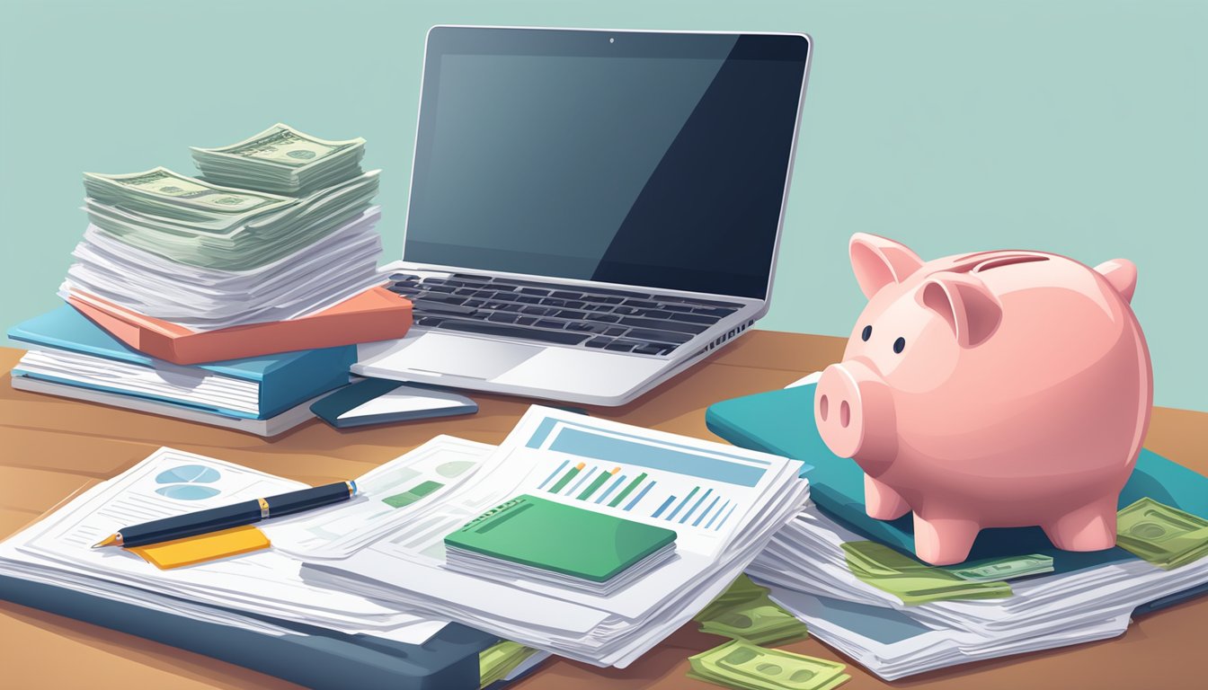 A stack of official government documents, a laptop displaying financial information, and a piggy bank symbolizing savings and investments