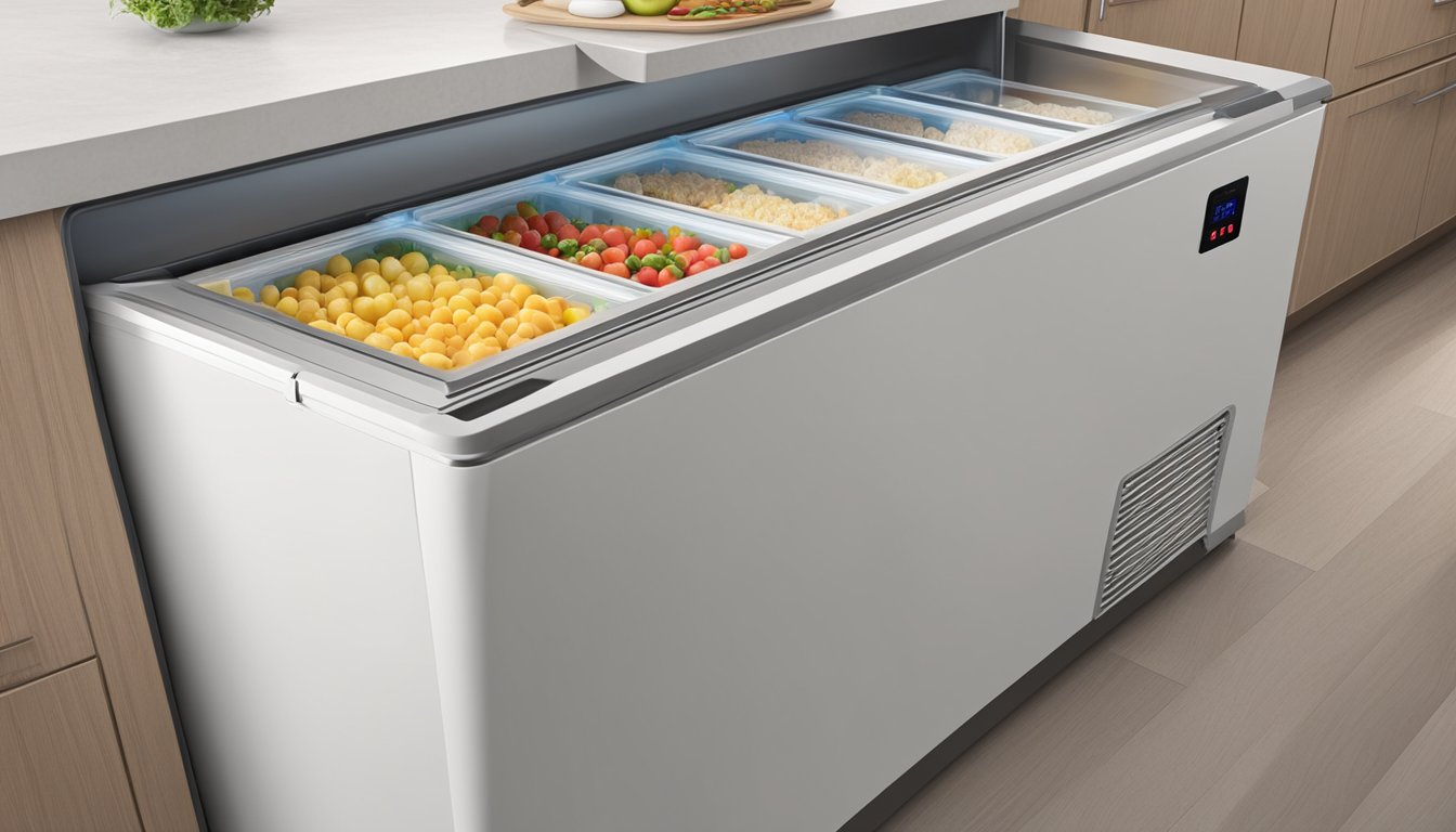 A deep freeze chest freezer sits in a clean, organized kitchen, with a digital display showing the temperature. The freezer is packed with neatly arranged frozen food packages