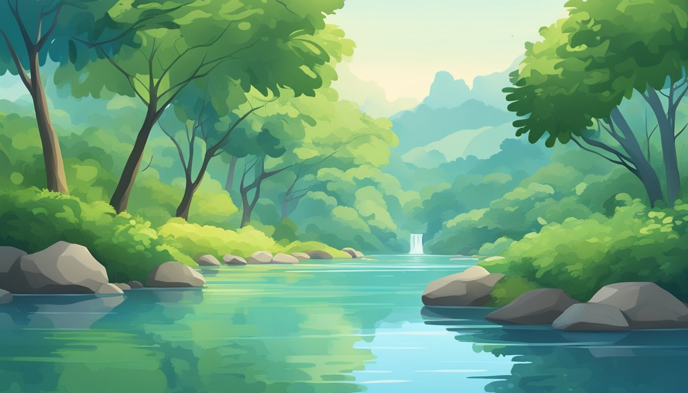 A serene landscape with a flowing river, surrounded by lush greenery and a clear blue sky, symbolizing the concept of passive income through insurance in Singapore