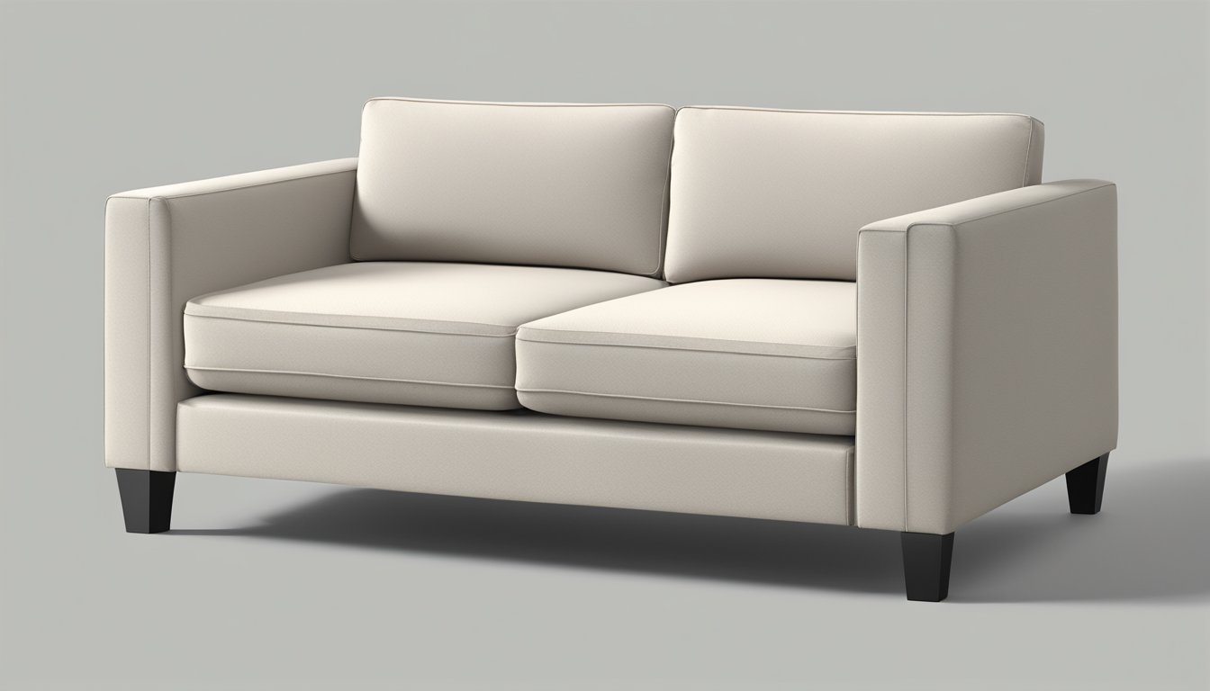 A modern 2-seater loveseat sofa with clean lines and a sleek, minimalist design, featuring a soft, neutral-colored upholstery and slim, tapered legs
