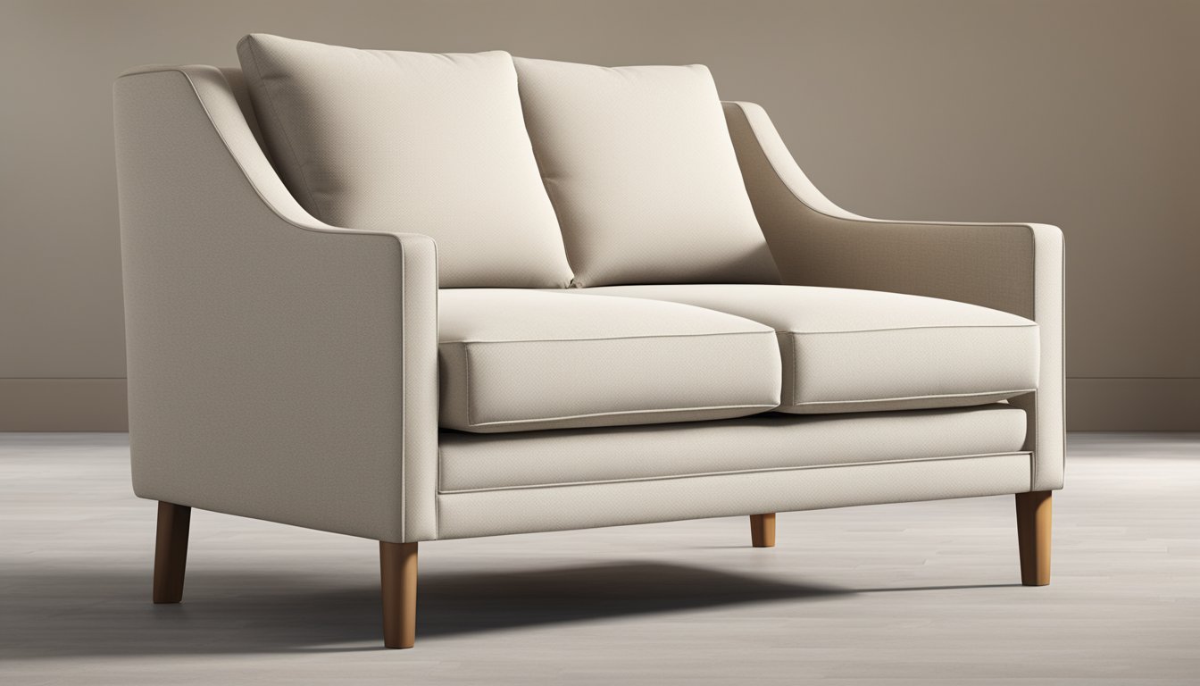 A 2 seater loveseat sofa with a clean, modern design sits in a well-lit room. The fabric is a neutral color, and the cushions are plump and inviting