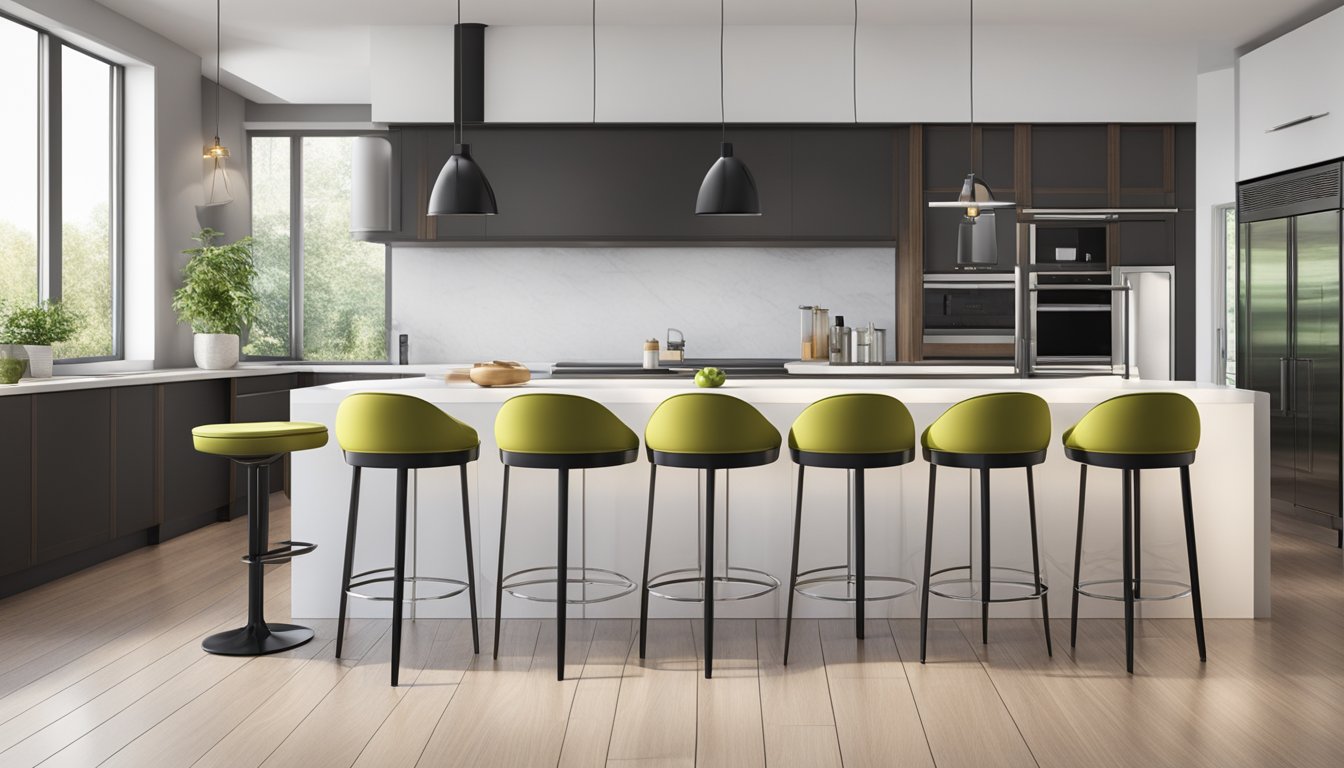 Three identical designer stools arranged in a modern kitchen setting, with sleek lines and luxurious materials