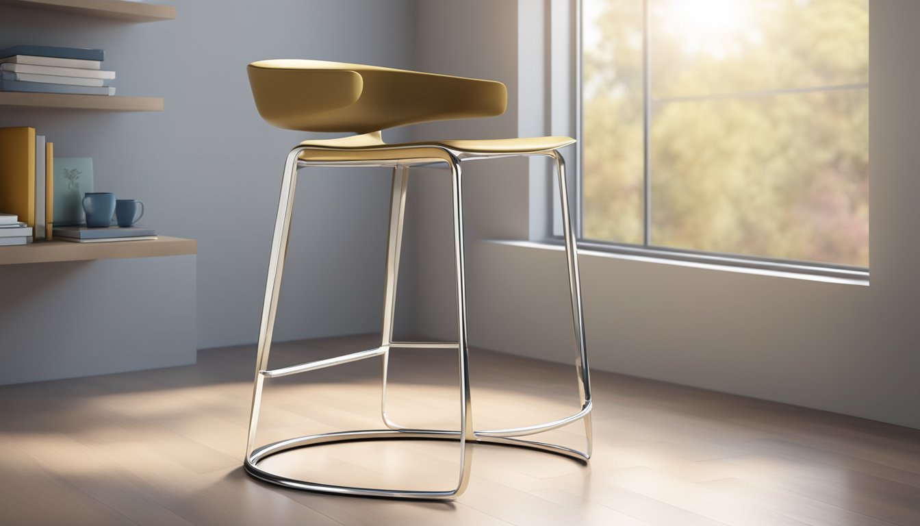 A sleek, modern designer stool sits in a well-lit room, showcasing its elegant curves and high-quality materials