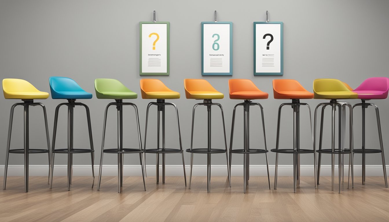 A row of replica designer stools arranged neatly in a showroom, with a sign indicating "Frequently Asked Questions" displayed prominently above them