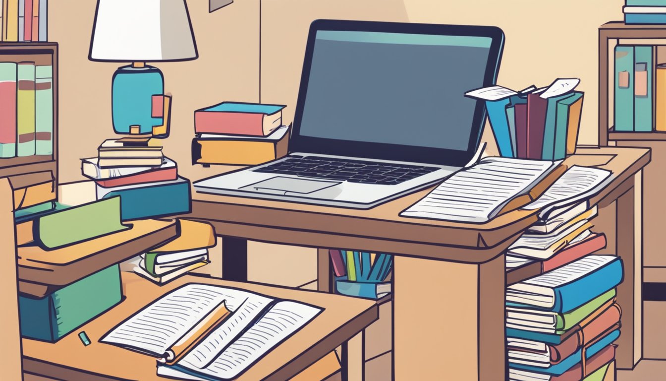 A classroom setting with a teacher at a desk, surrounded by books and educational materials. A laptop displaying online teaching resources. A stack of papers with "passive income ideas" written on them