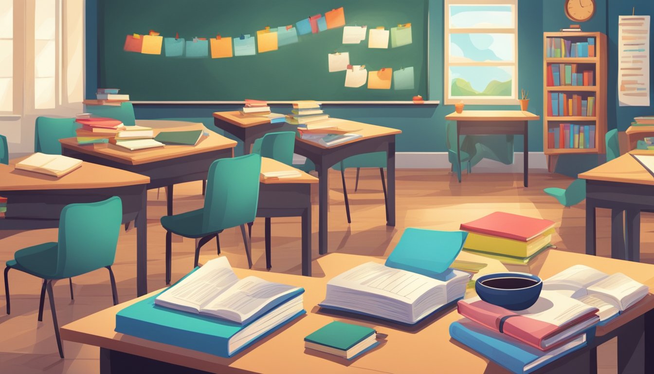 A classroom setting with a teacher's desk and various passive income ideas displayed on a chalkboard or poster. Books and educational materials are scattered around the room
