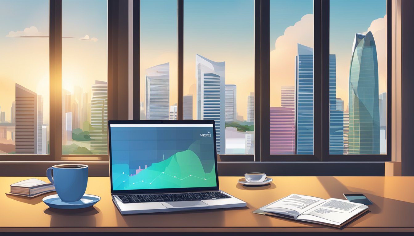 A table with a laptop, books, and a cup of coffee. A financial chart and a piggy bank are nearby. The Singapore skyline is visible through the window