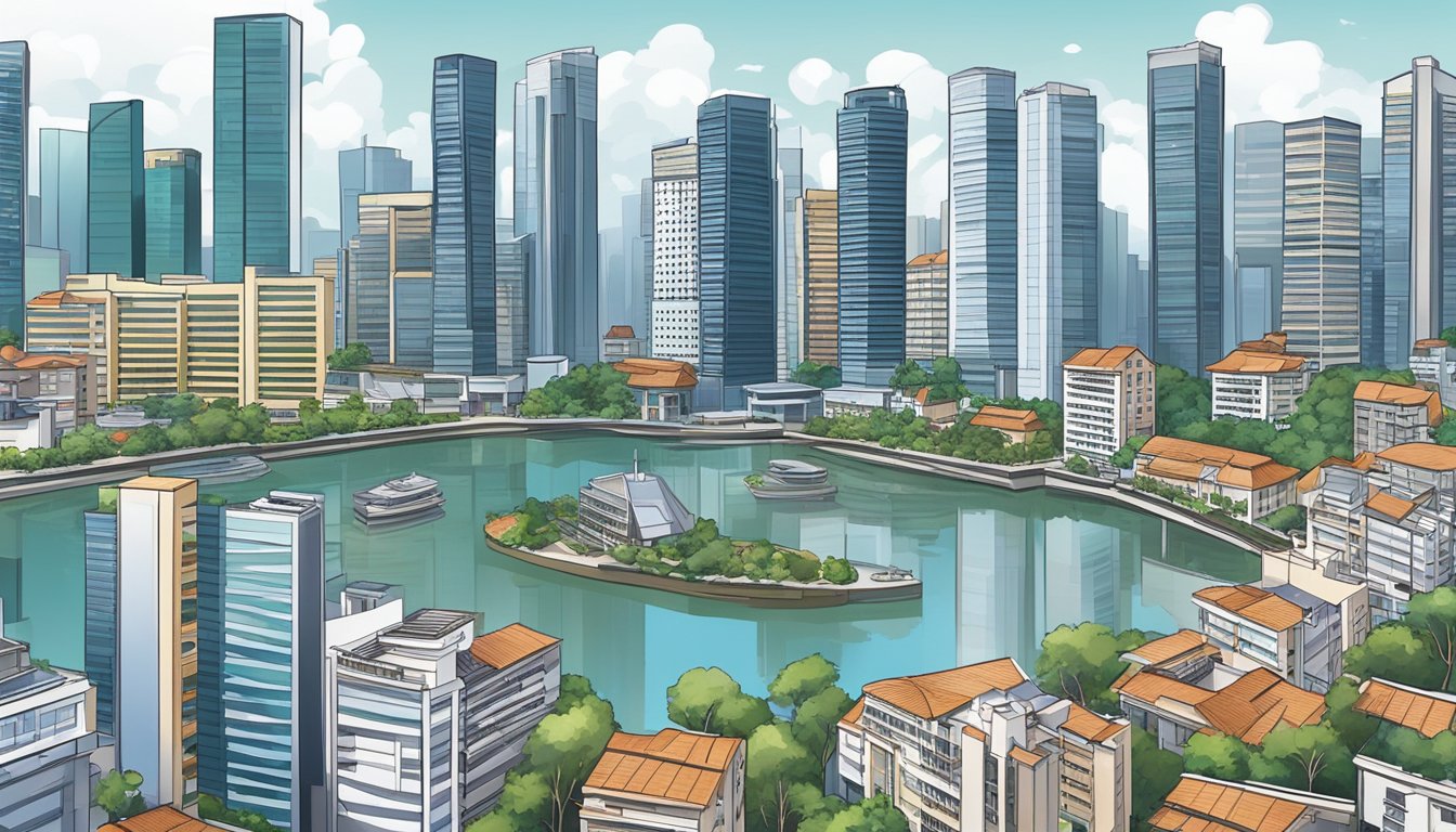 A bustling cityscape with modern skyscrapers and residential buildings in Singapore, showcasing the thriving real estate market and potential for passive income