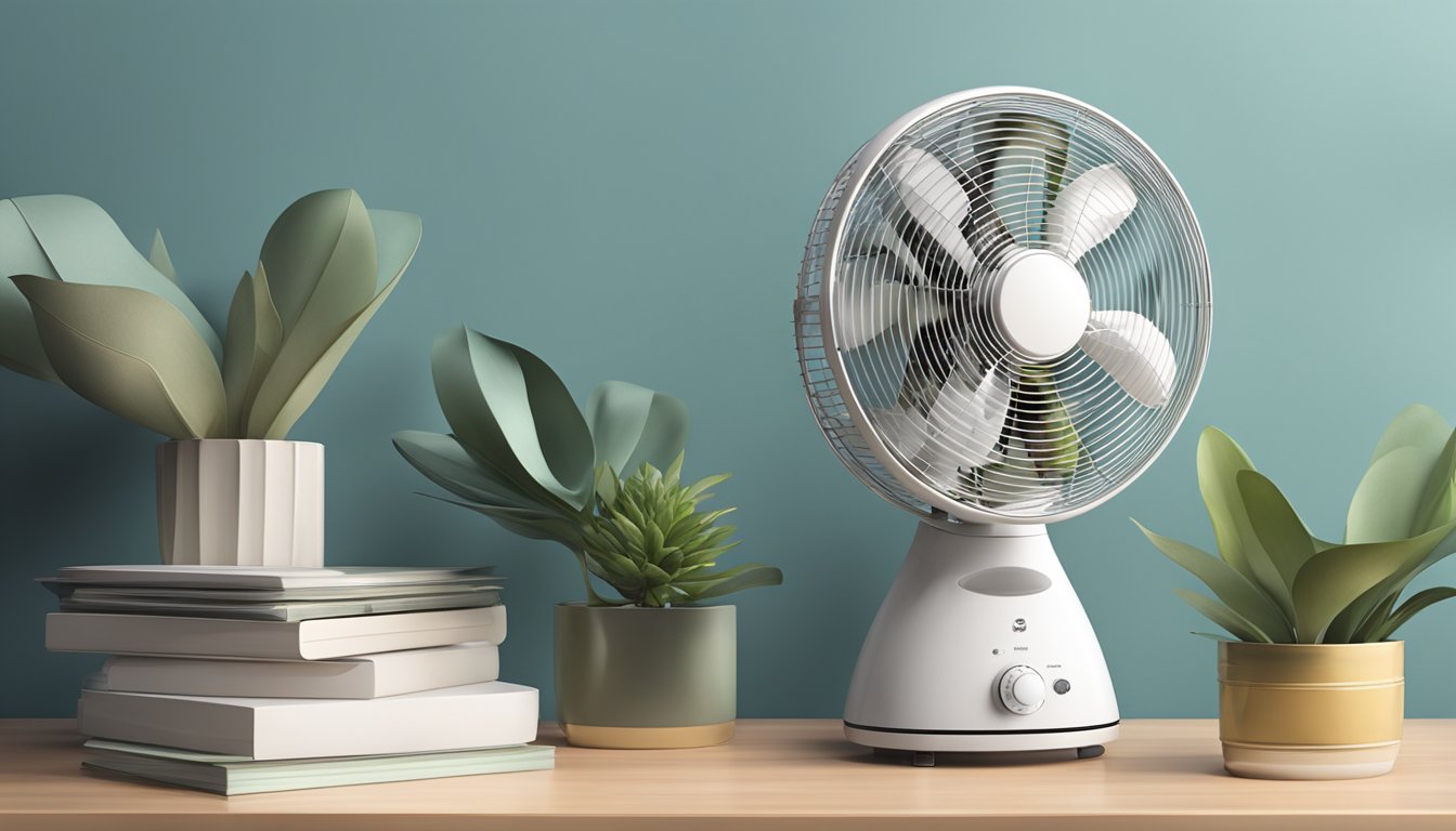 A table fan with a high-speed setting, oscillating feature, and adjustable tilt angle, surrounded by a gentle breeze