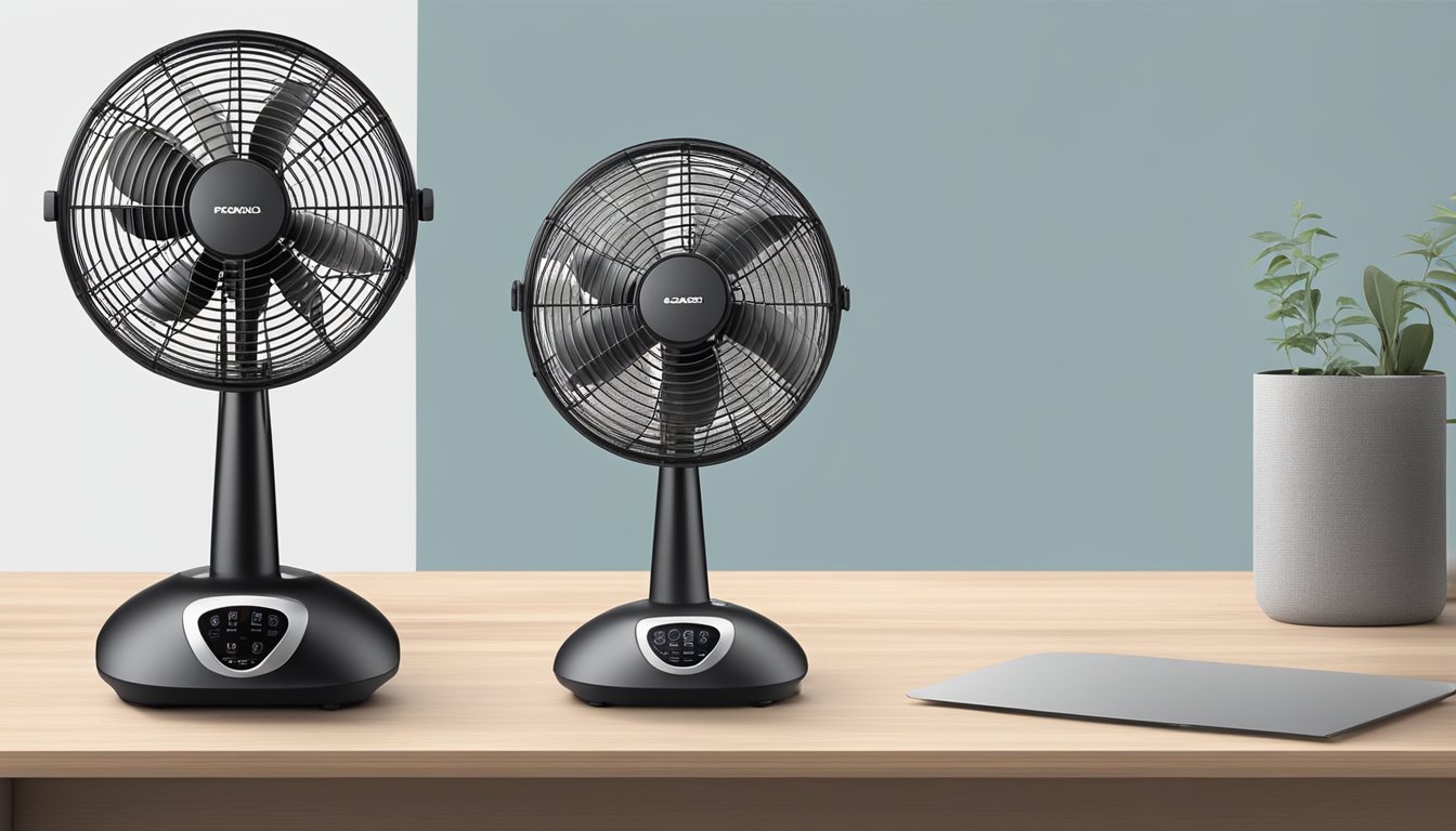 A table fan sits on a desk, with adjustable height and oscillation features. Its control panel displays speed settings and a timer function. The fan's blades are visible through the protective grill
