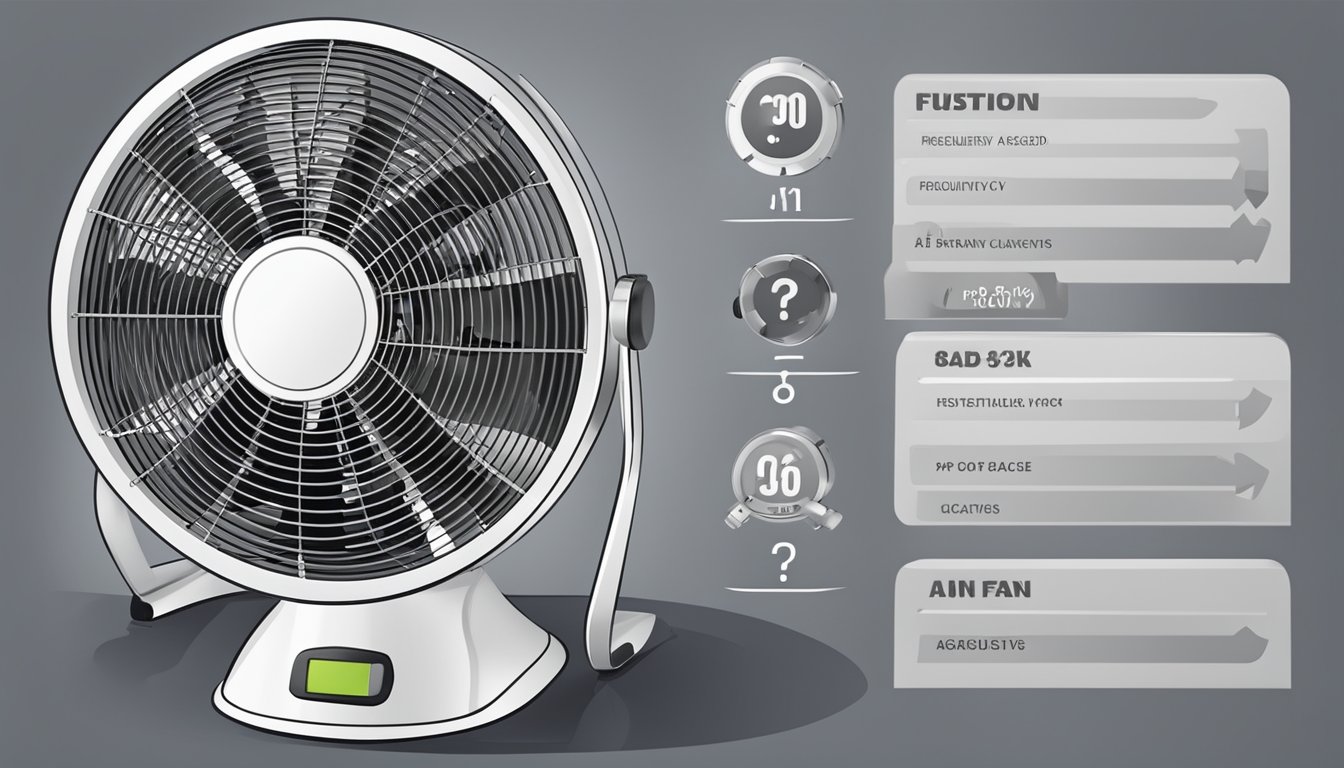 A table fan with a "Frequently Asked Questions" label and a rating scale displayed prominently
