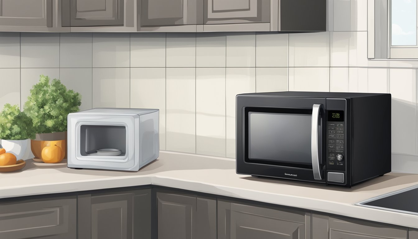 A small microwave sits on a countertop, its compact dimensions fitting snugly in a corner of the kitchen