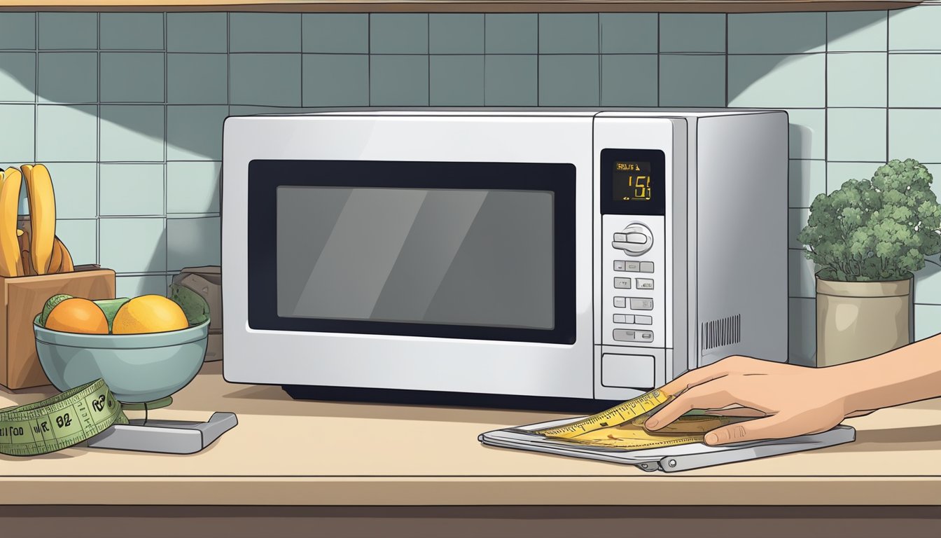 A hand reaches for a small microwave on a kitchen counter, measuring its dimensions with a tape measure
