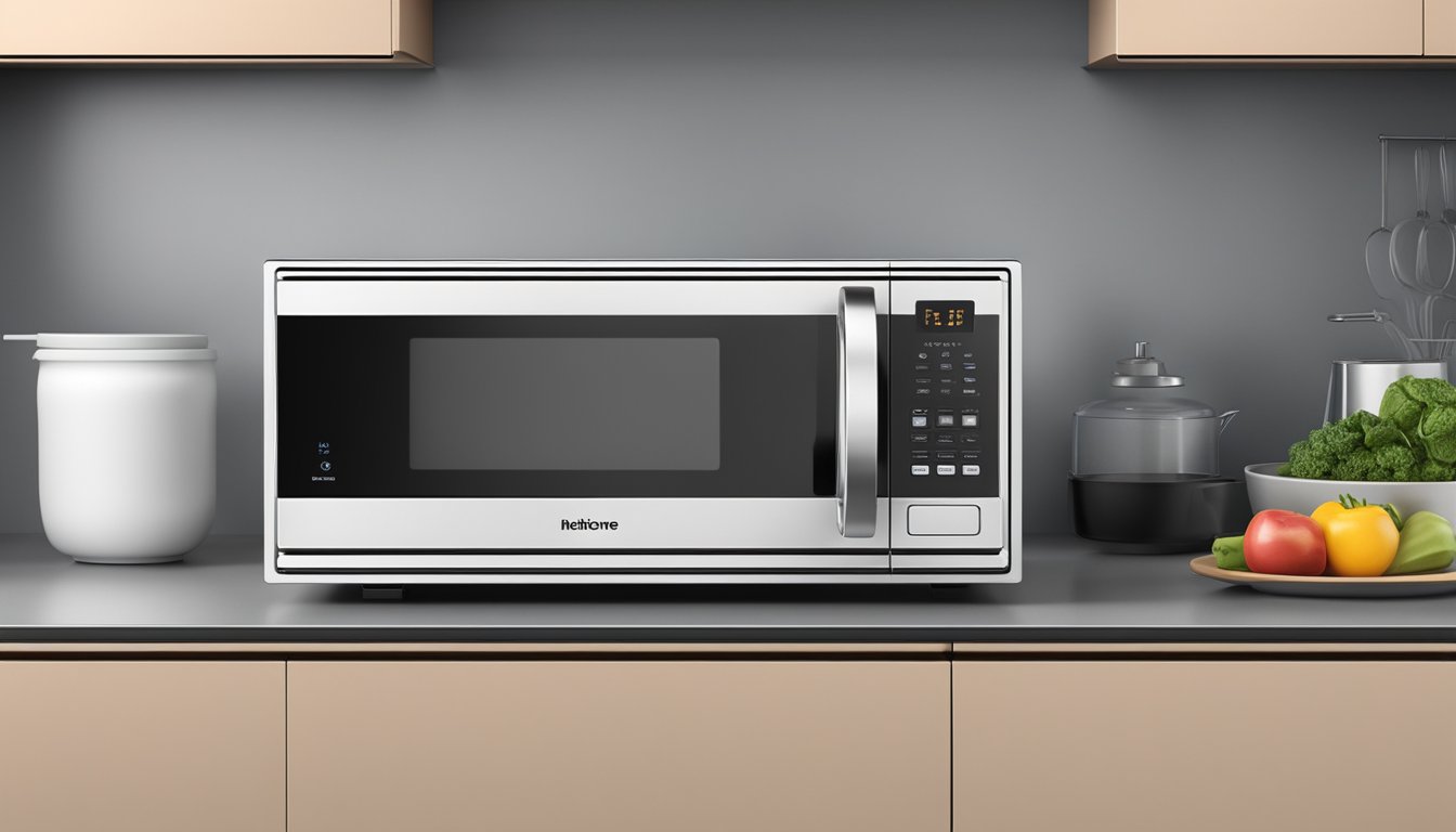 A compact microwave sits on a kitchen counter, its small dimensions fitting perfectly in the limited space. The sleek design and digital display add a modern touch to the room
