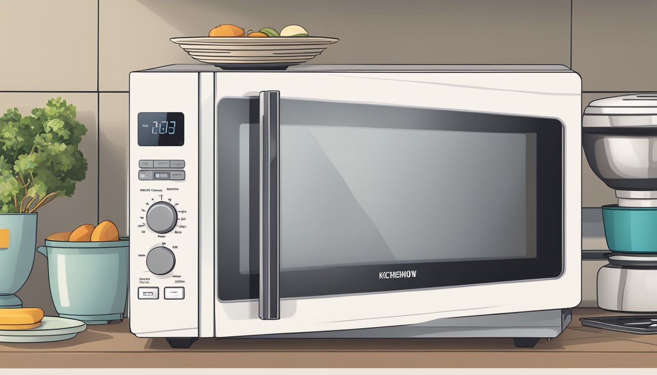 A small microwave sits on a kitchen countertop, with dimensions clearly labeled. It is surrounded by various kitchen appliances and utensils