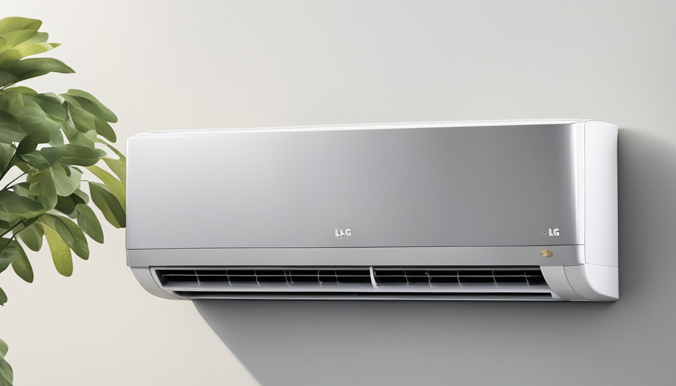 A shiny LG gold air conditioner sits on a clean, white wall