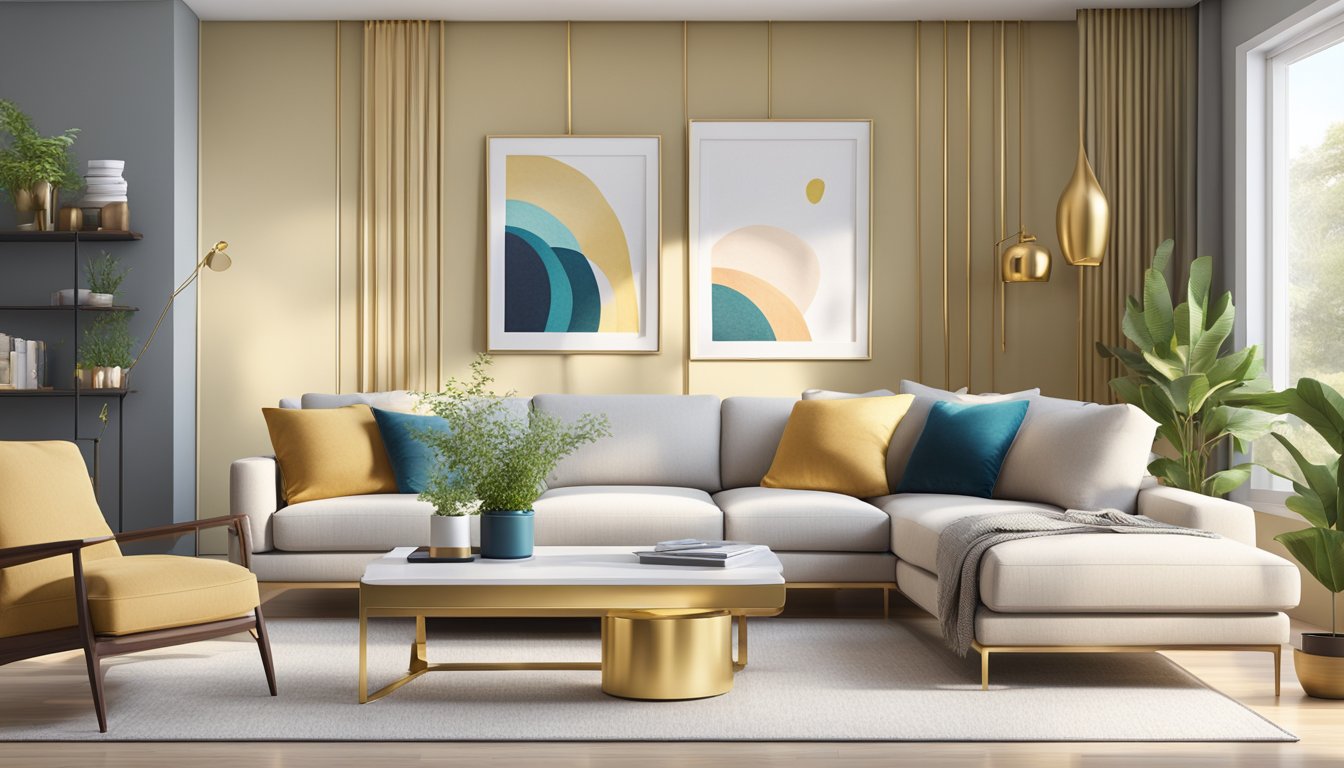 A bright, modern living room with a sleek LG Gold AC unit mounted on the wall, surrounded by comfortable furniture and a stylish decor