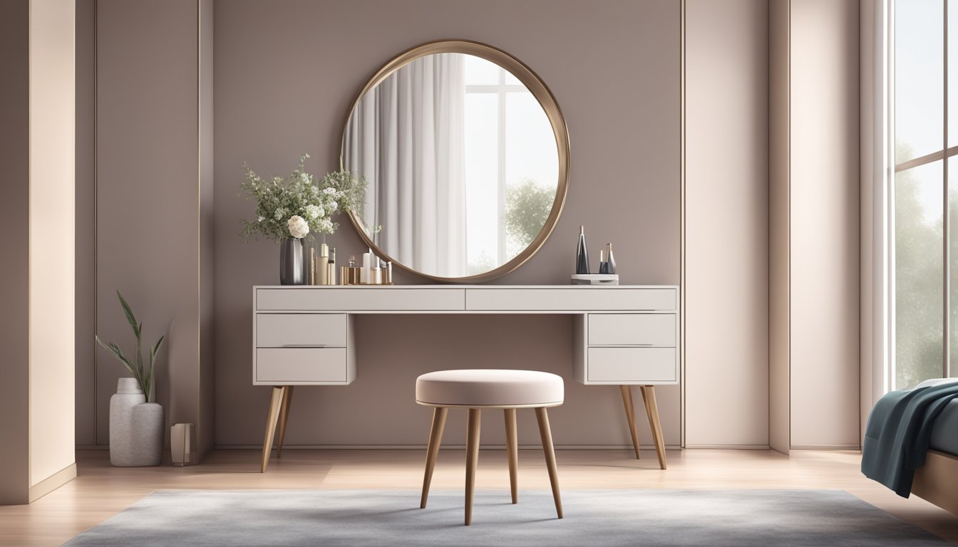 A sleek and modern dressing table with a large mirror, elegant drawers, and a stylish stool, set against a backdrop of a chic and minimalist bedroom