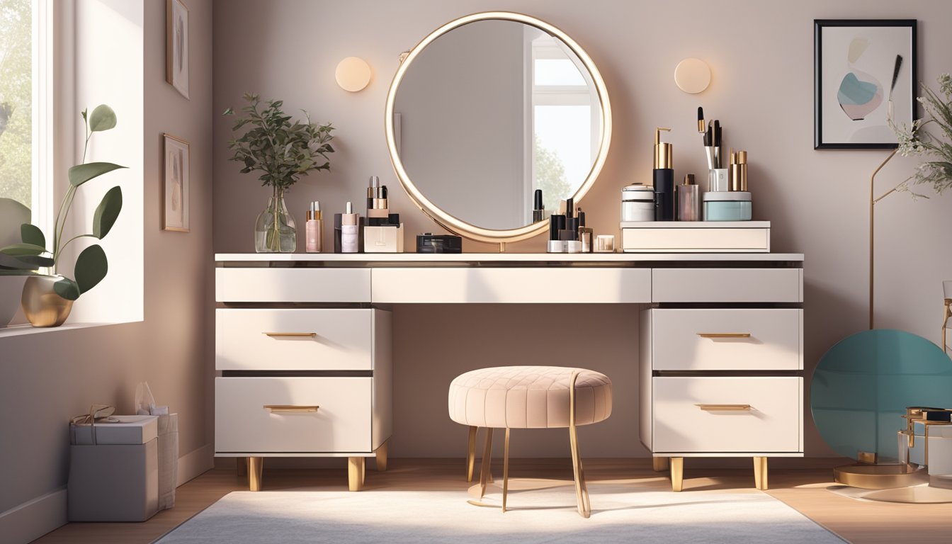 A sleek, modern dressing table sits against a wall in a well-lit bedroom, adorned with a mirror, cosmetics, and a few personal trinkets