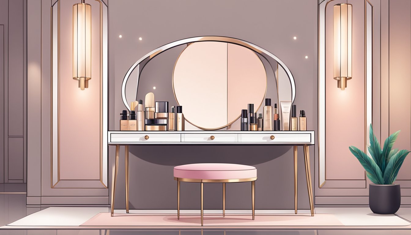 A sleek, modern dressing table with a mirror, cosmetics neatly arranged, and soft lighting