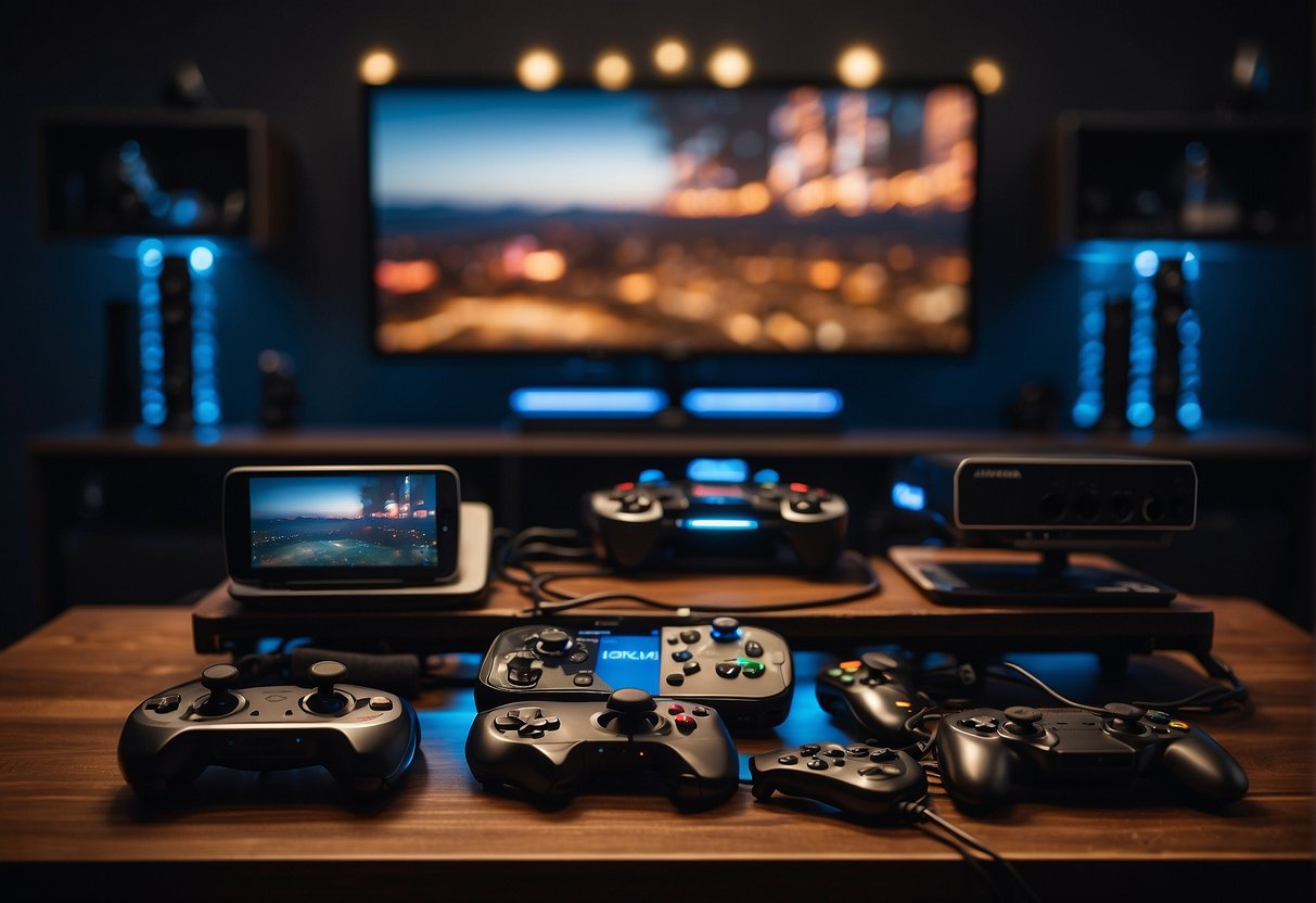A table displaying various gaming consoles, controllers, and accessories. Light reflects off the sleek surfaces, and wires are neatly organized