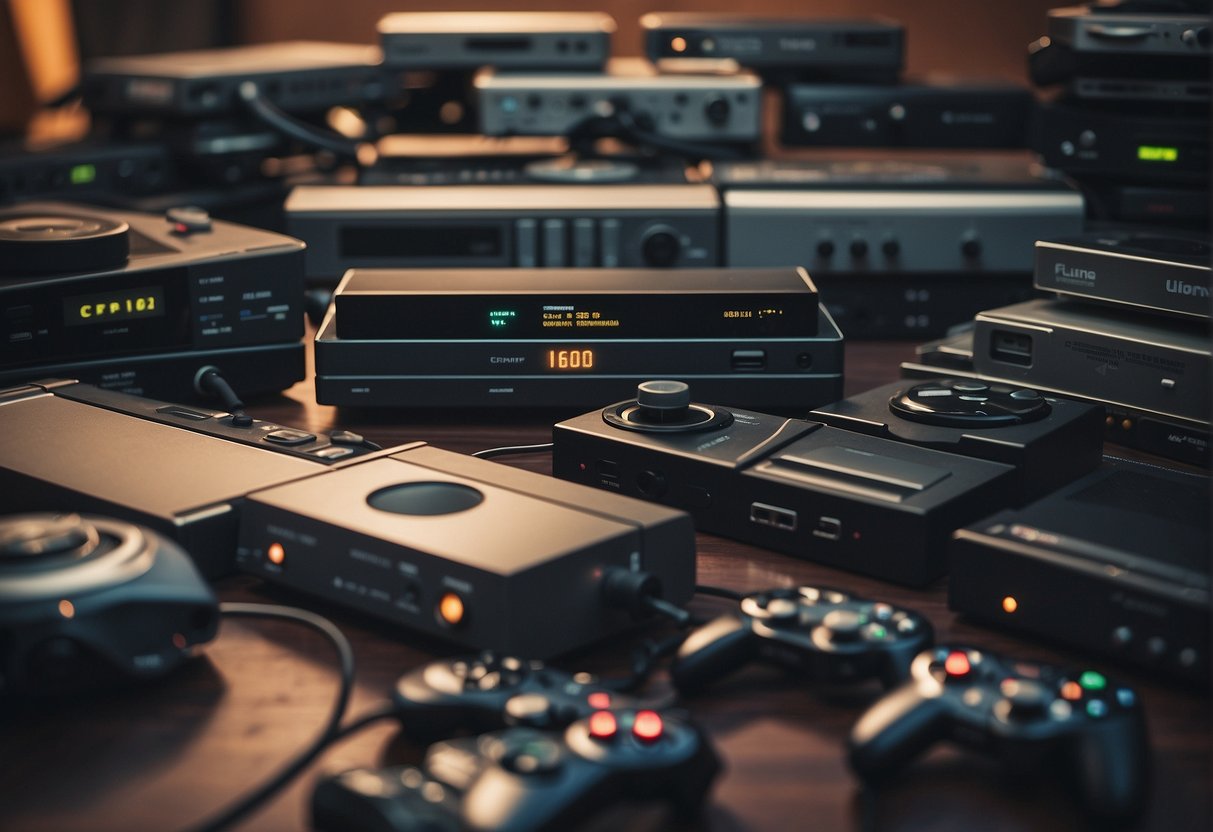 A timeline of gaming consoles from past to present, arranged in a row with each console labeled with its release year and name