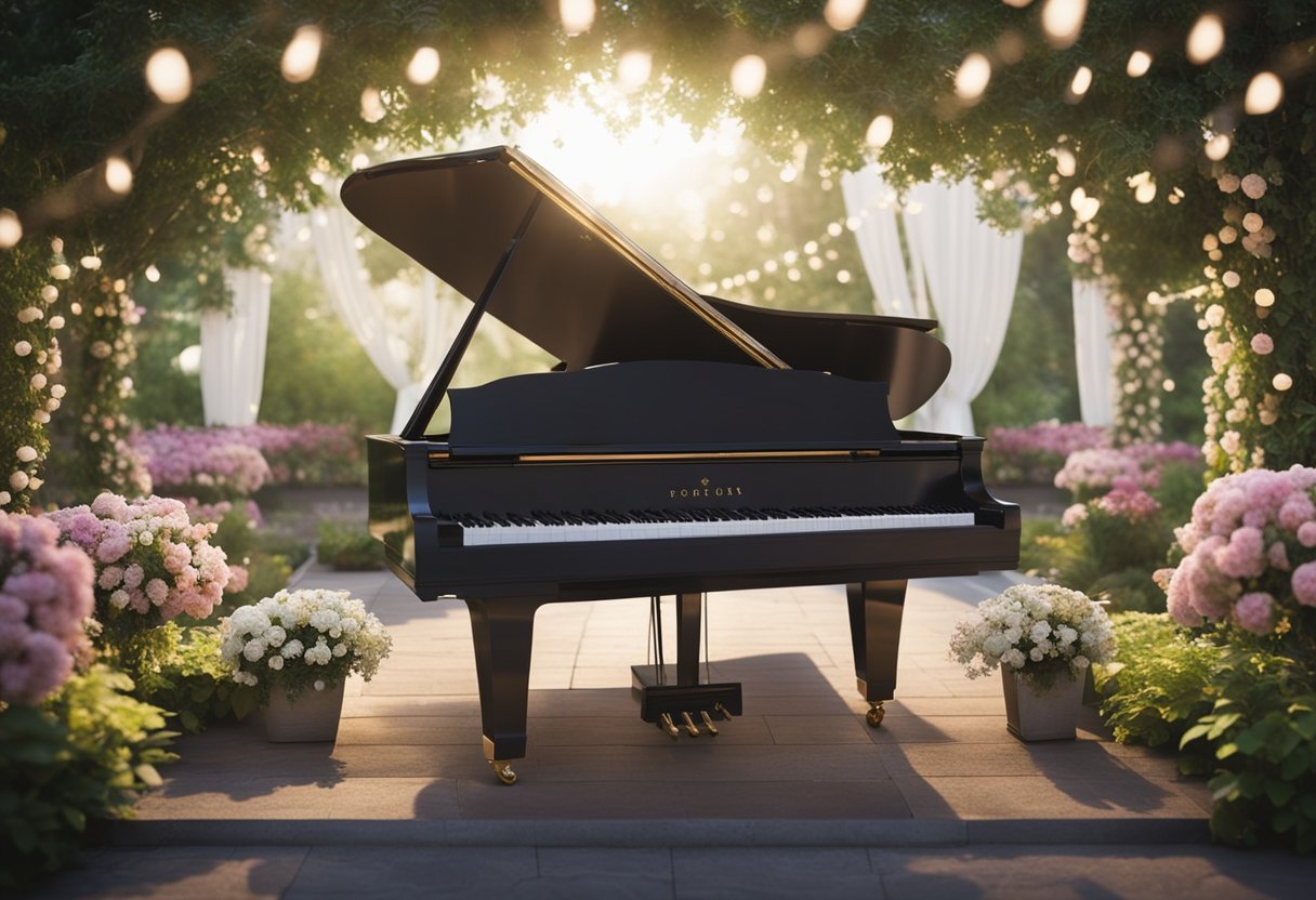 A grand piano sits at the center of a beautiful garden, surrounded by blooming flowers and twinkling fairy lights, setting the stage for a romantic wedding ceremony