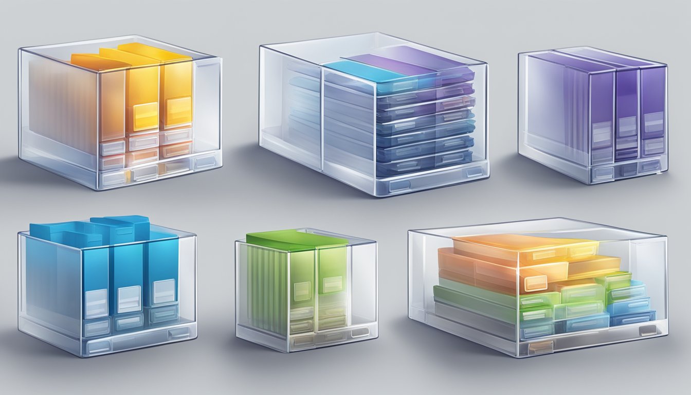 Clear see-through storage boxes stack neatly, revealing the contents inside. Labels indicate organization. Light reflects off the plastic, creating a transparent and orderly display