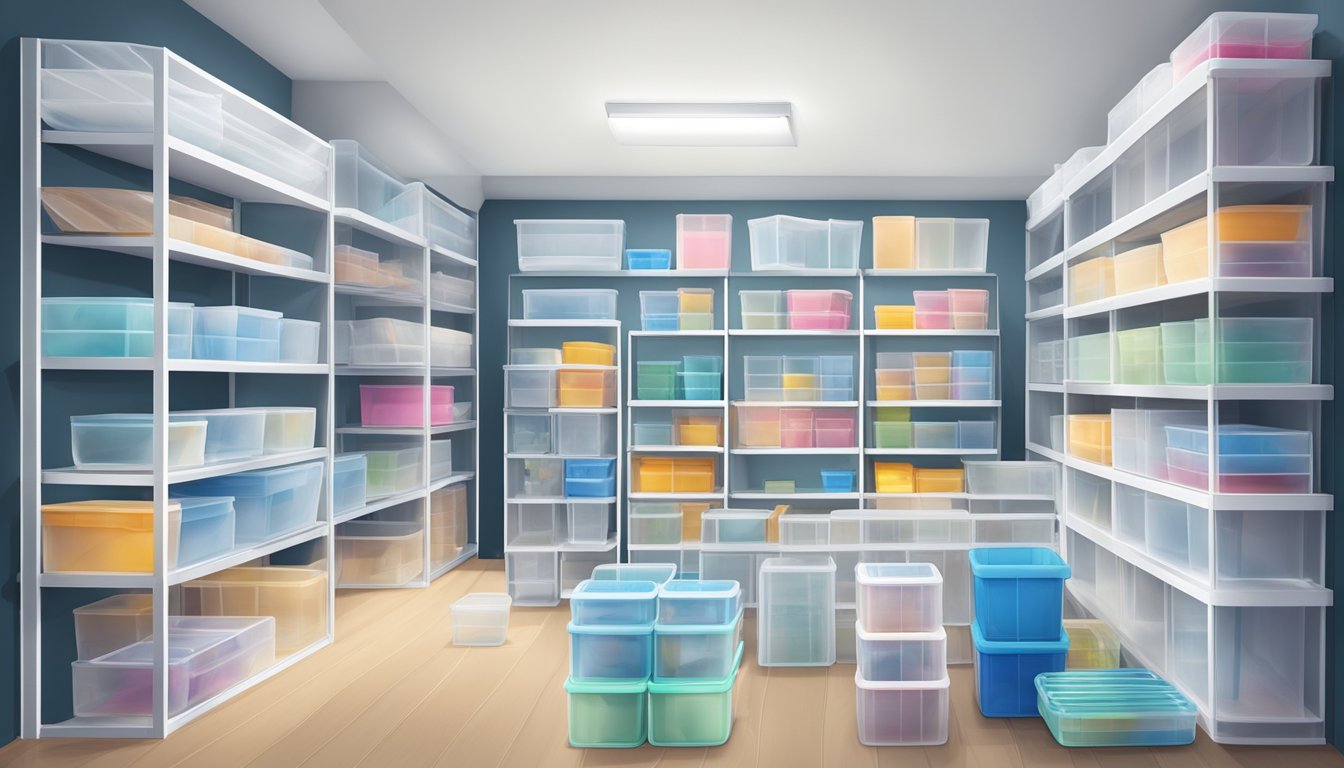 A room with shelves filled with see-through storage boxes, neatly organized and labeled. The boxes vary in size and are made of clear plastic, allowing the contents to be easily visible