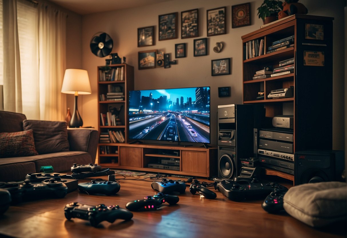 A cluttered living room with a large TV, surrounded by various gaming consoles such as PlayStation, Xbox, and Nintendo Switch, with controllers and game discs scattered around