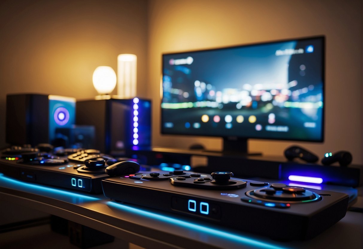 A collection of gaming consoles arranged on a sleek, modern display stand, with vibrant LED lights illuminating the room