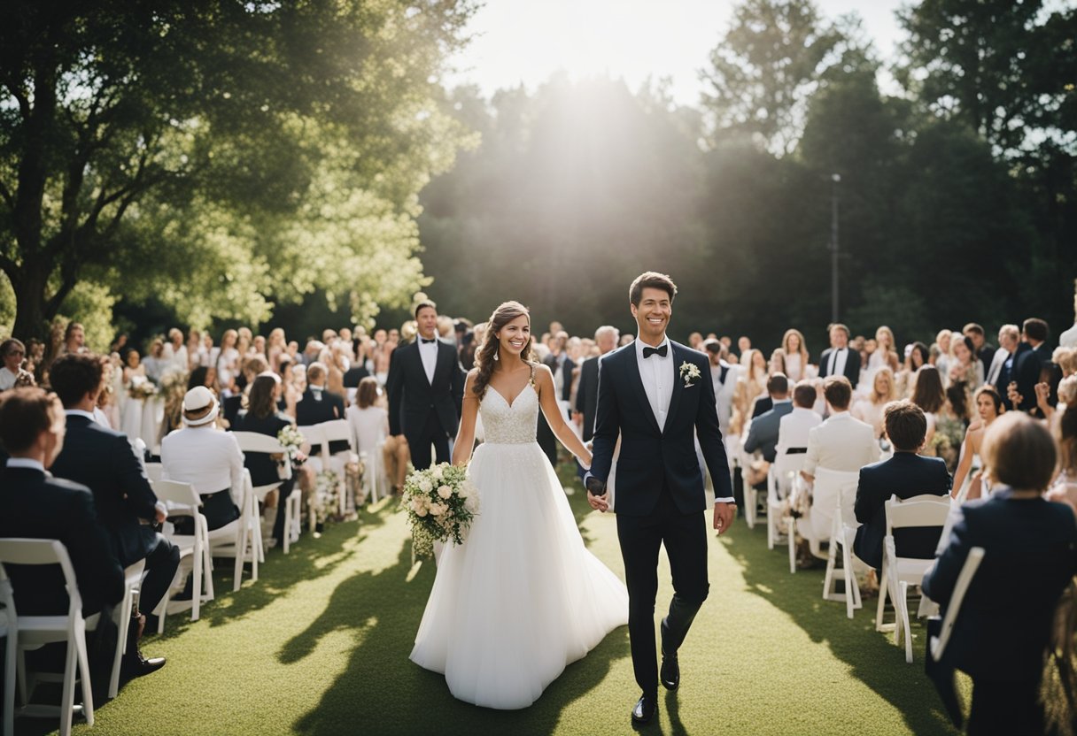 Guests gather, musicians play, and the couple walks down the aisle to a joyful melody