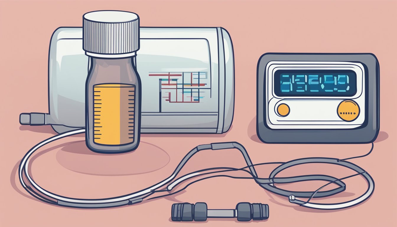 A heart rate monitor shows a low heart rate while a bottle of bisoprolol sits nearby